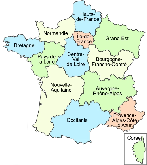 Map showing the different regions of France