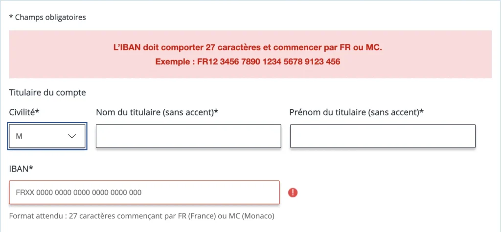 The Carte Vitale application page requiring a French or Monegasque IBAN and bank account
