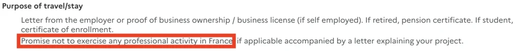 Visitor visa requirement promising not to exercise any professional activity in France