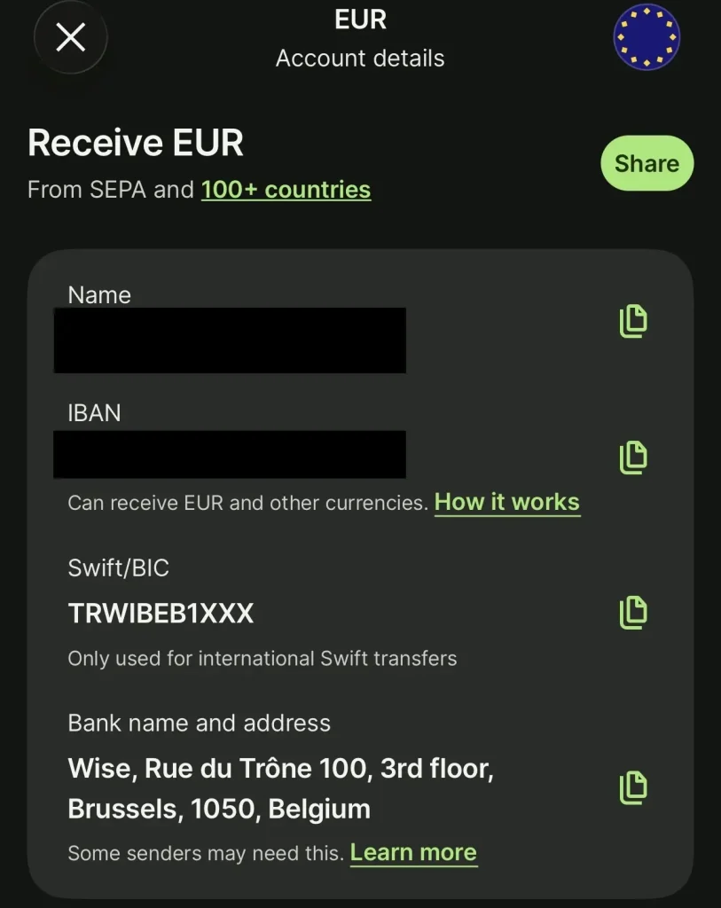 Wise account info page showing IBAN, Swift/BIC, and Bank name and address