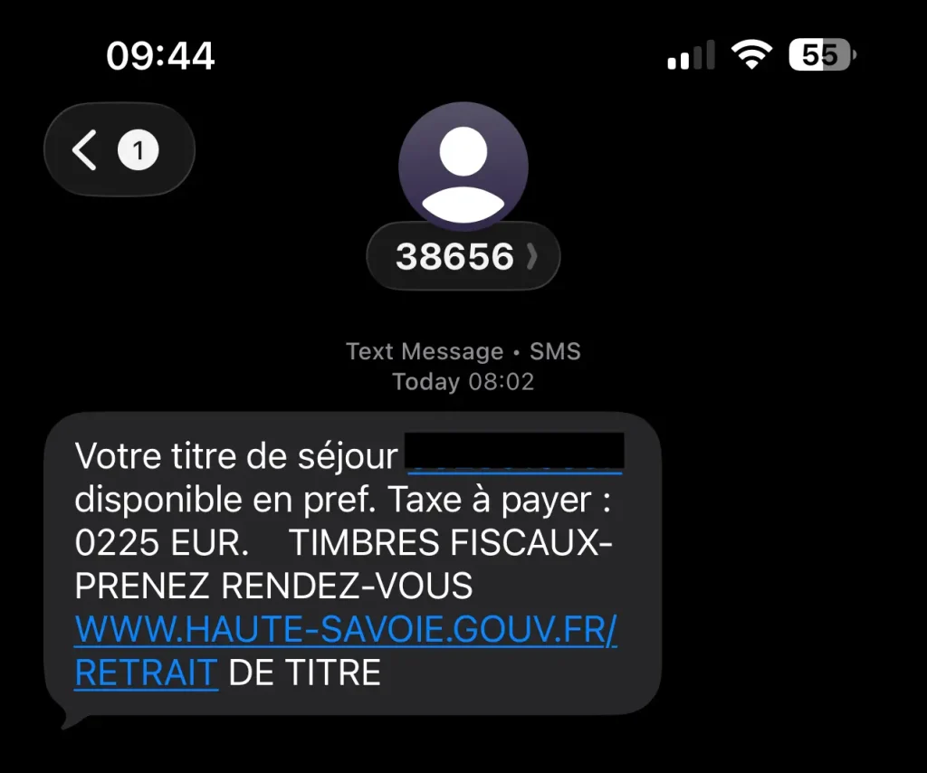 Our text from the prefecture that our residency permit is ready to be picked up.