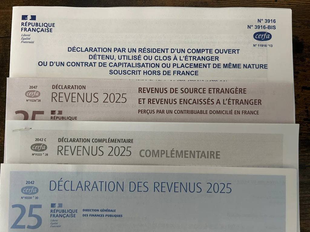 Our four French tax forms - 2042, 2042C, 2047, and 3916