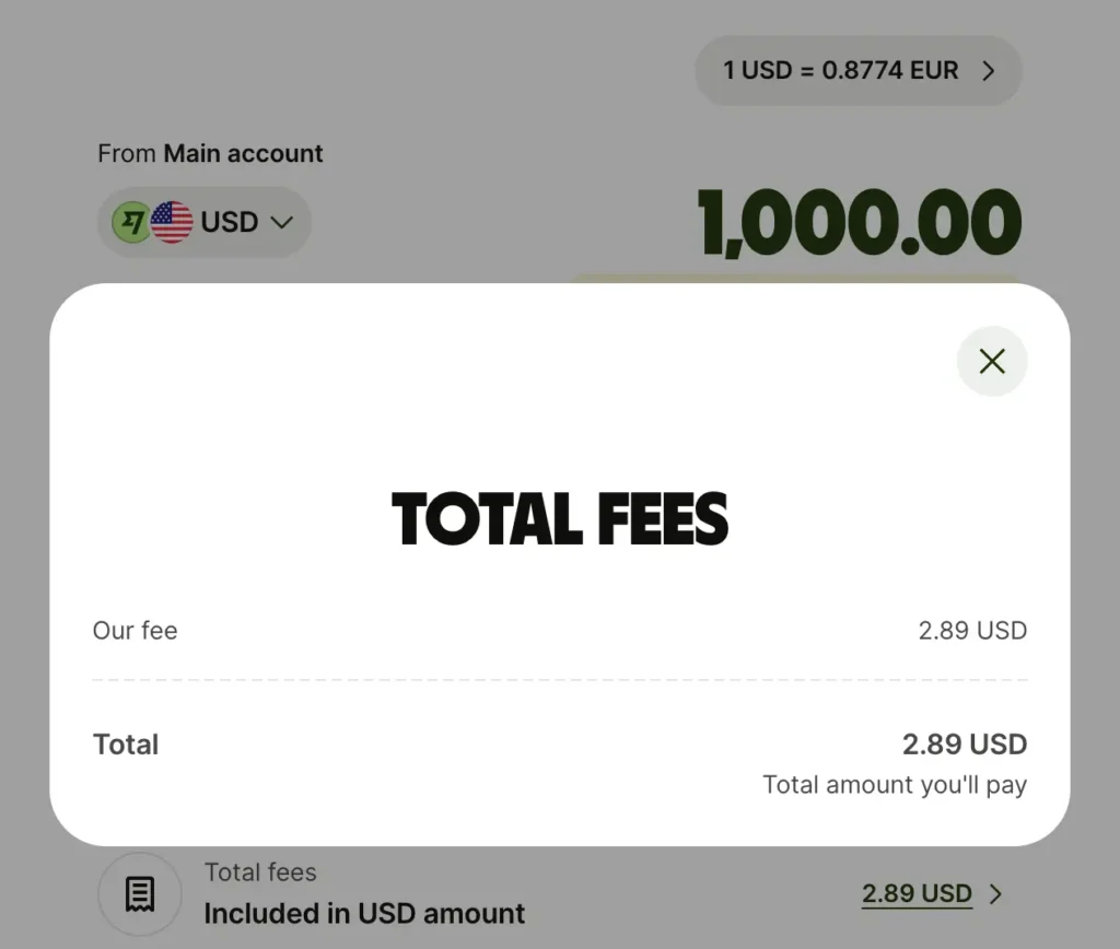 $2.89 fees for converting $1000 to euros