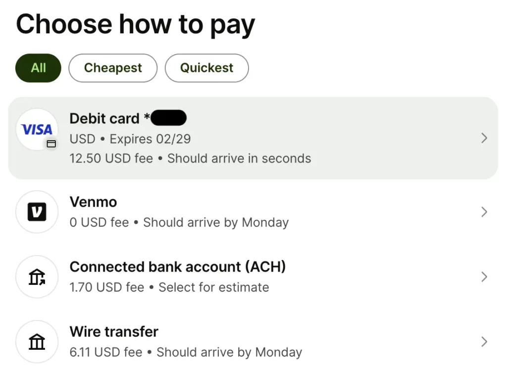 Wise's transfer fees, including $1.70 for a $1000 ACH bank account transfer