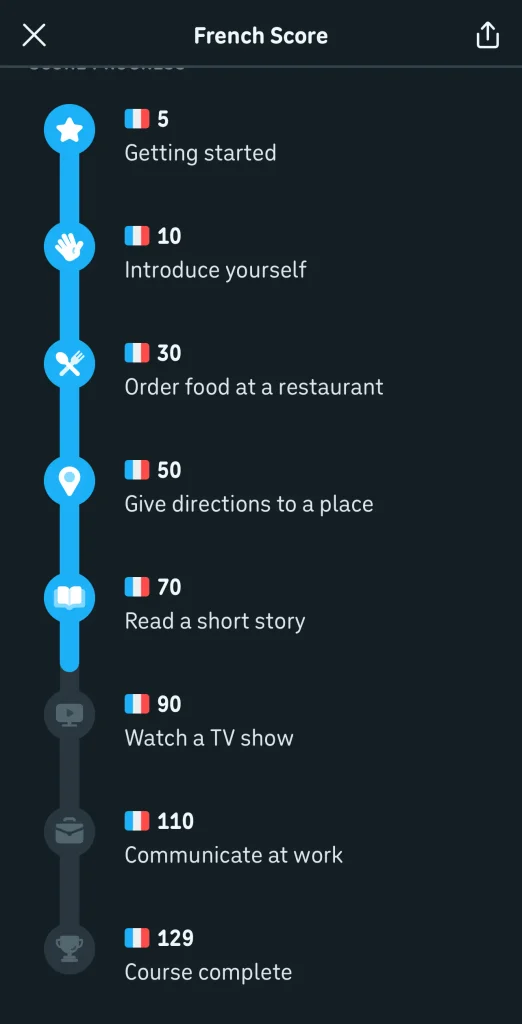 French lesson progress broken down by skills